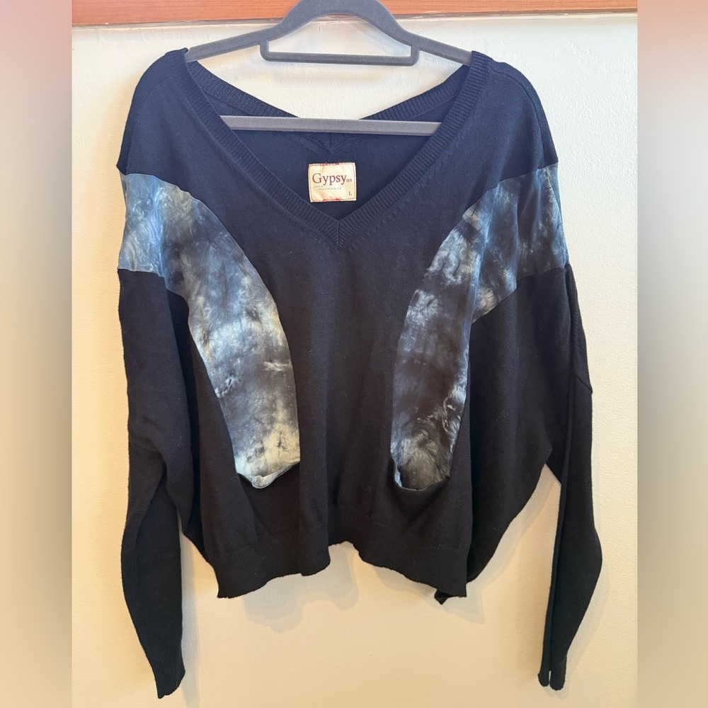 Gypsy 05  vneck sweater with silk tie dye panels